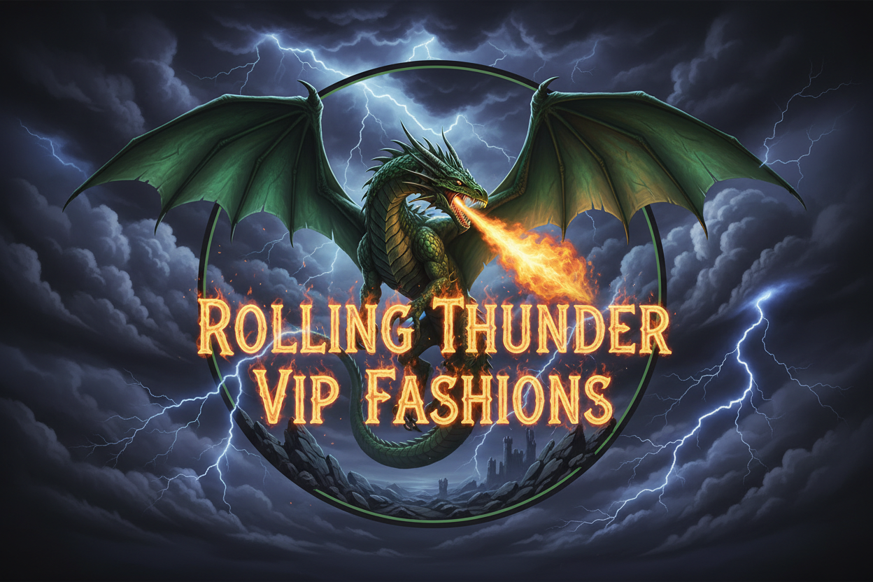 Create a logo with a dark background of cloudy stormy lightning at night a flying green breathing dragon with the written words in the fire set on fire coming out of the dragon's mouth saying rolling thunder VIP fashions use the medieval style font for the lettering